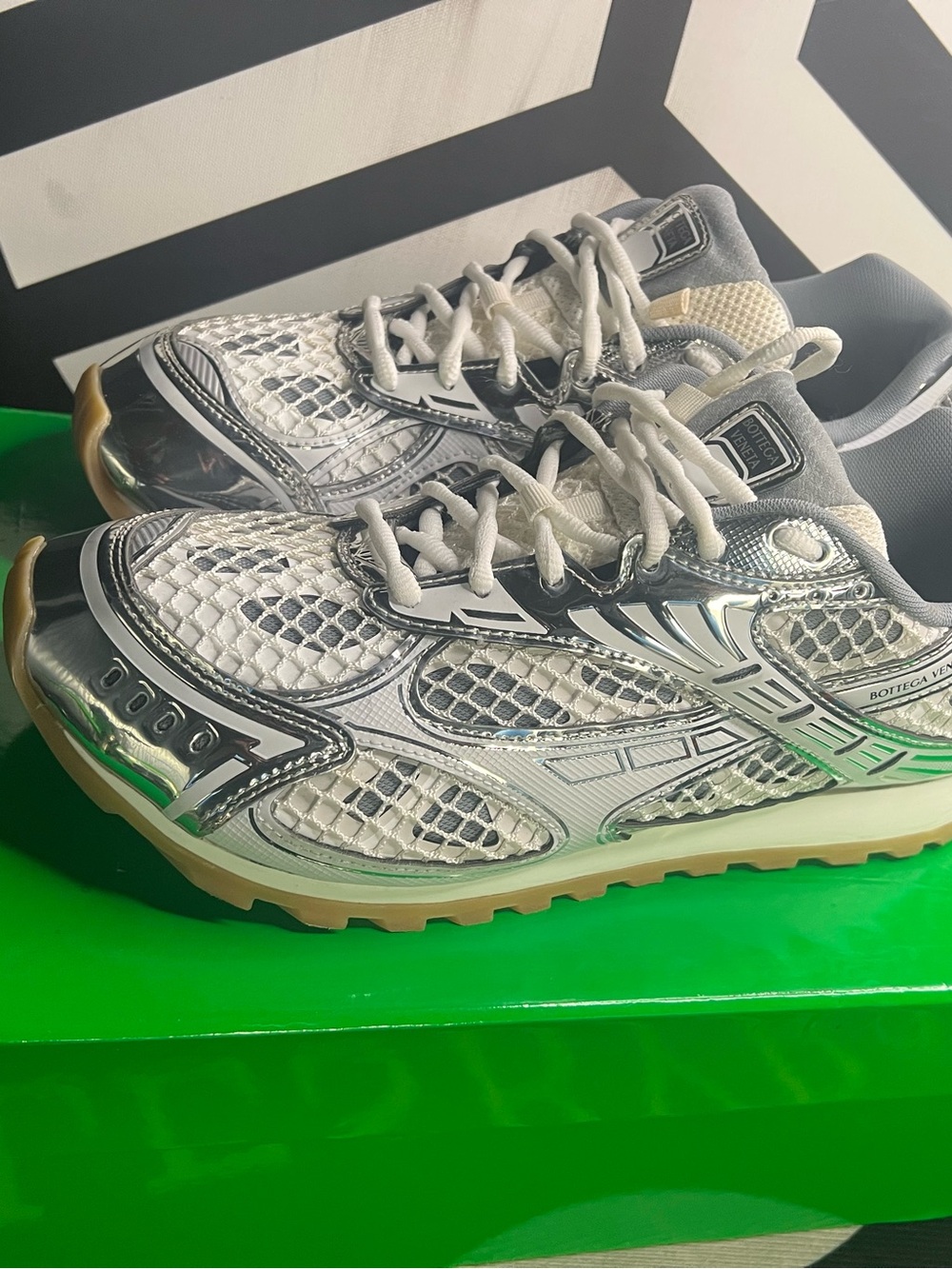 Bottega Veneta Silver Metallic Mesh Trail Sneakers with Cream Sole